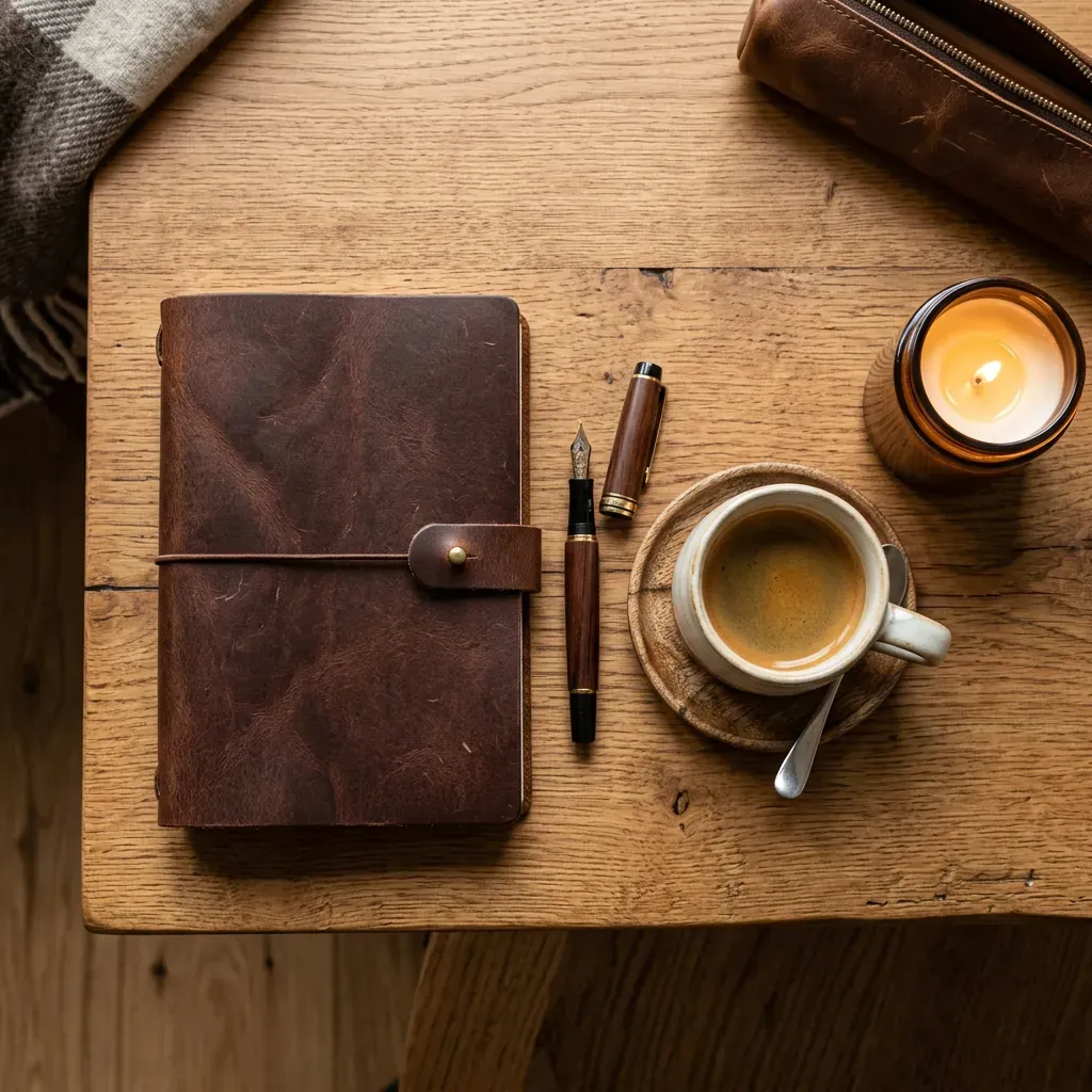 Flatlay editorial notebook coffee