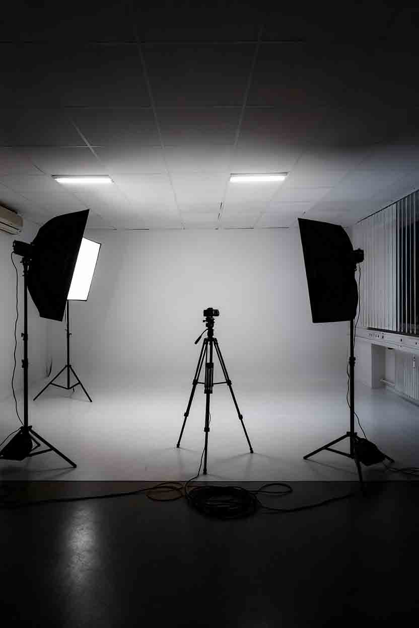 Lichtsetup im MidMat Studio mit Softboxen und Hintergrundsystem