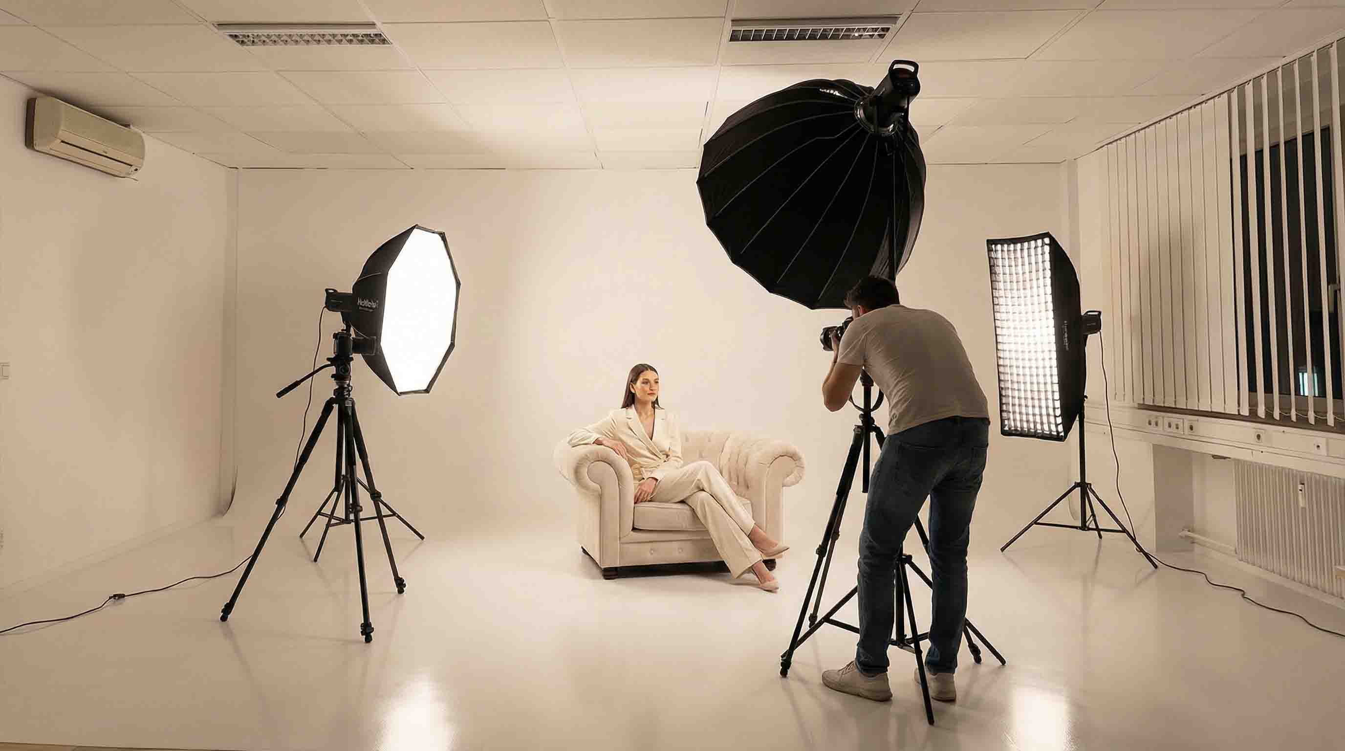 Fotostudio in Düsseldorf mit weißer Hohlkehle und professioneller Beleuchtung